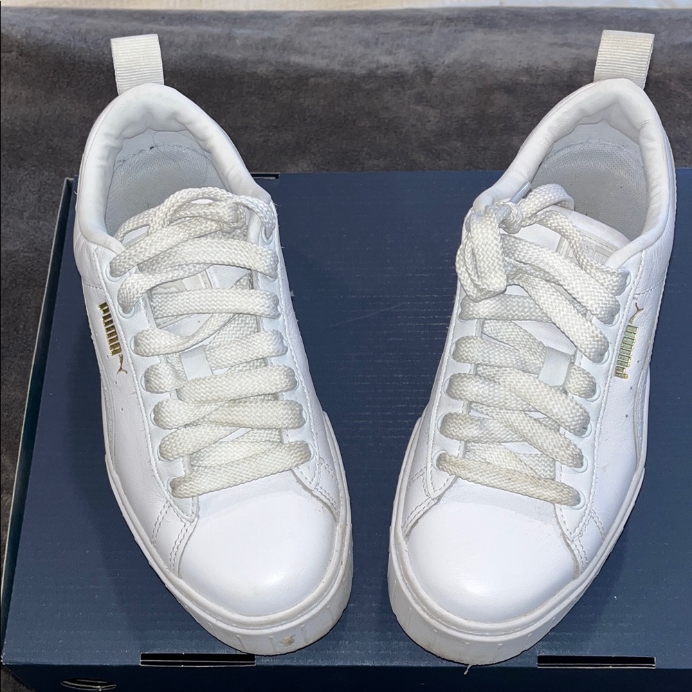 Puma White Low-Top Platform Sneakers with Gold Logo